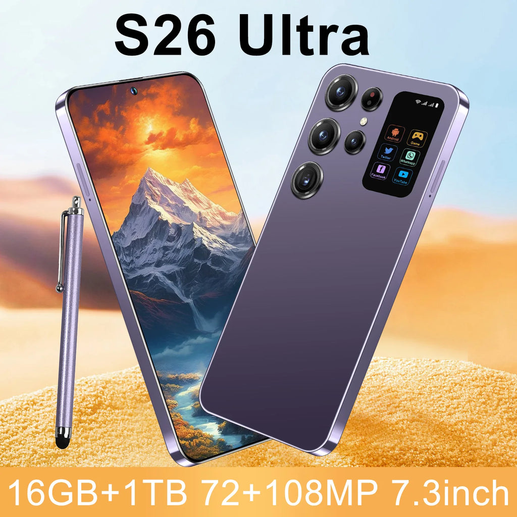 S26 Ultra 5G smartphone with 7.3 inch HD screen, 108MP camera, 16GB RAM, 1TB storage, and 8000mAh battery
