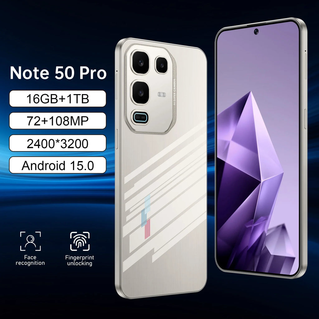 Tidesmit Note 50 Pro 5G smartphone side view showing the 7.3 inch display and sleek metallic design.