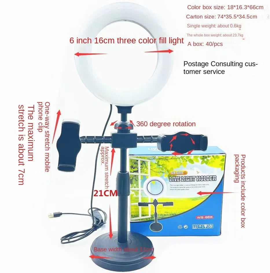Durable Plastic 6-Inch Dual-Position Ring Fill Light LED Photography Desktop Disc & Mobile Phone Bracket Tidesmit
