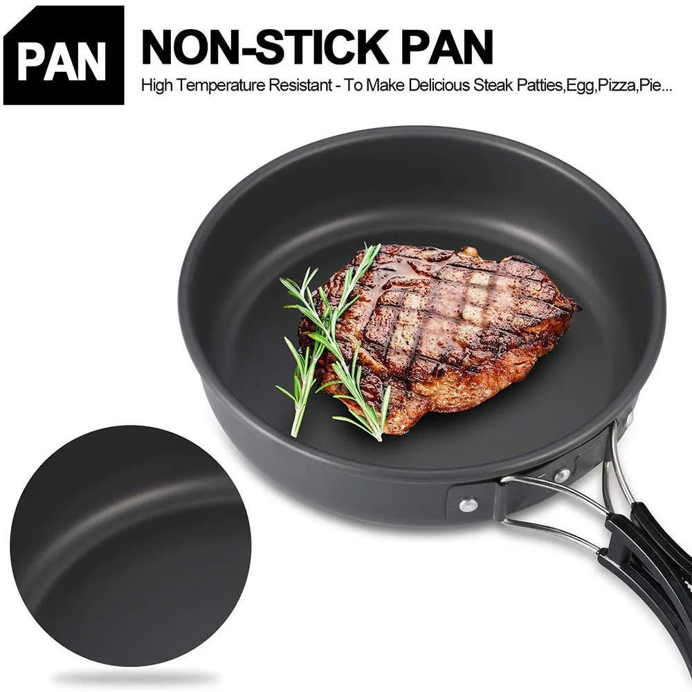 Non-stick aluminum pan close-up with steak and herb garnish