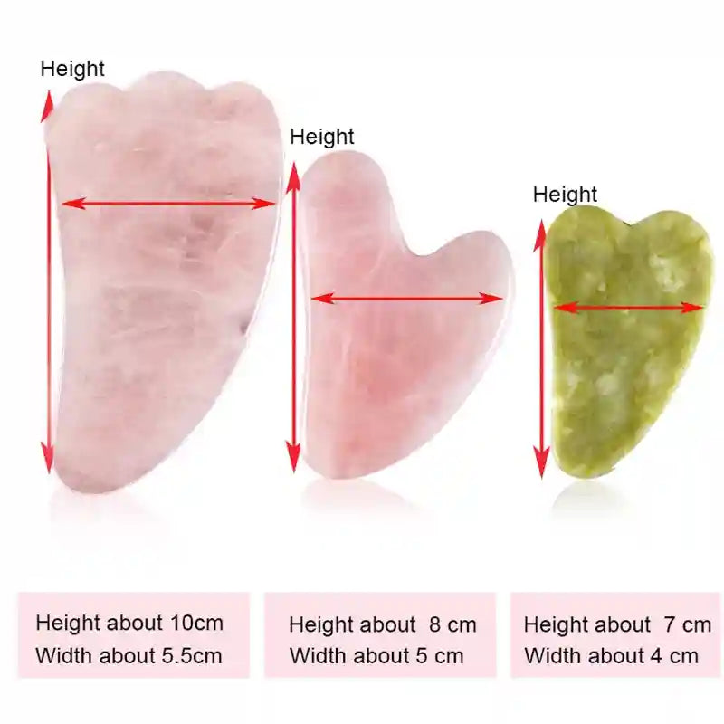 Three polished gua sha stones in rose quartz and green jade with dimension measurements labeled.