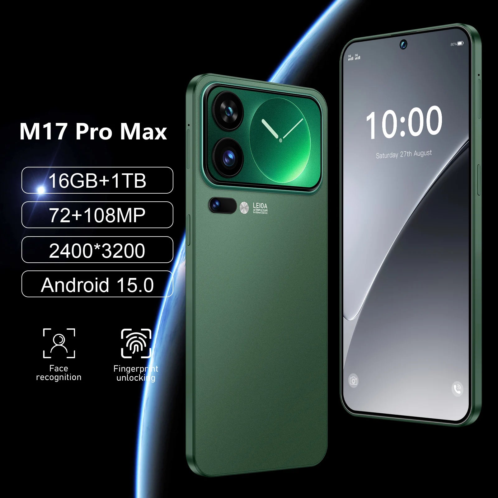 M17 Pro Max 5G smartphone with 90Hz full display, face recognition, and fingerprint sensor for mobile gaming