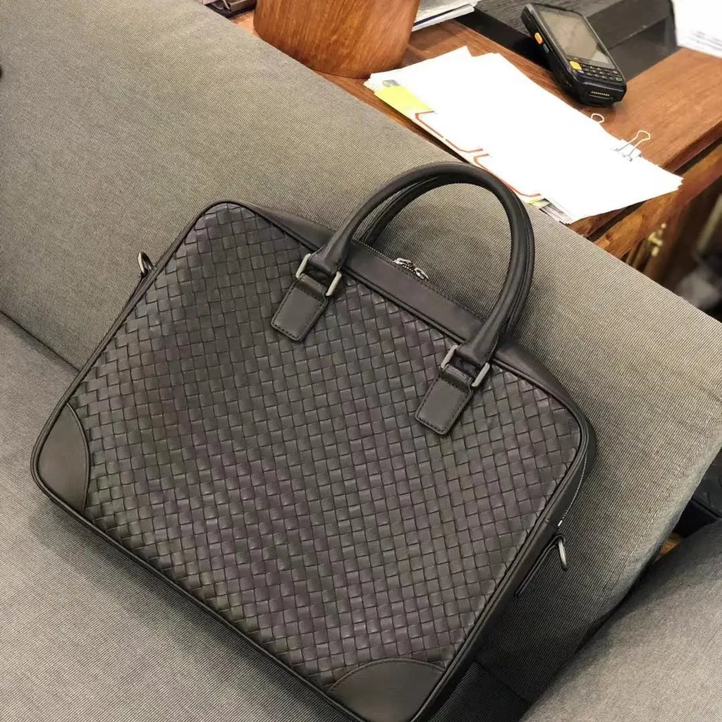 Luxury Hand-Woven Genuine Leather Briefcase Men Business Executive Laptop Bag 14 Inch Top Layer Cowhide Office Travel Handbag