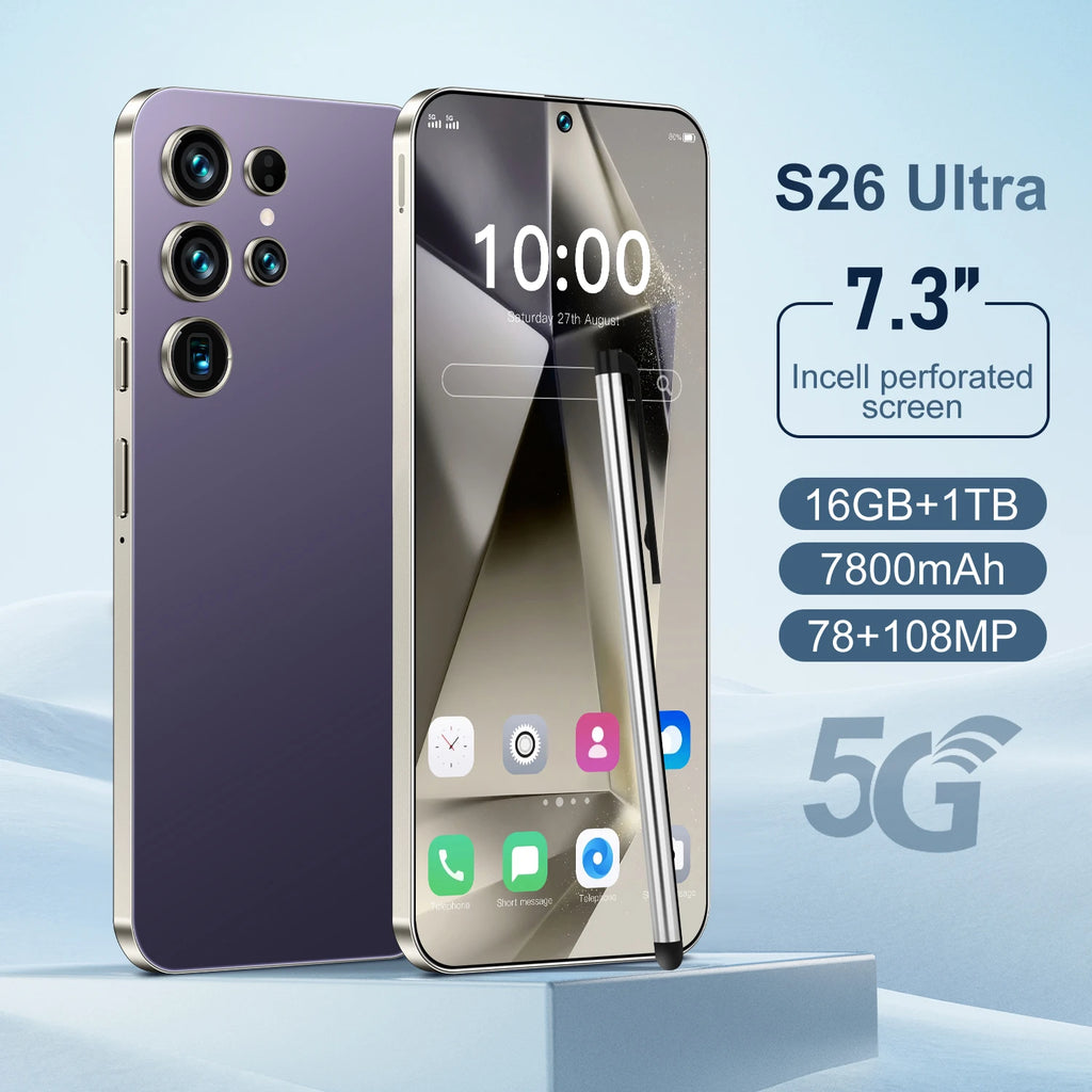 Unlocked S26 ULTRA 5G Mobile Phone 7.3 Inch Screen 108MP Camera 7800mAh Battery Dual Sim 1TB ROM Smart Features - Tidesmit