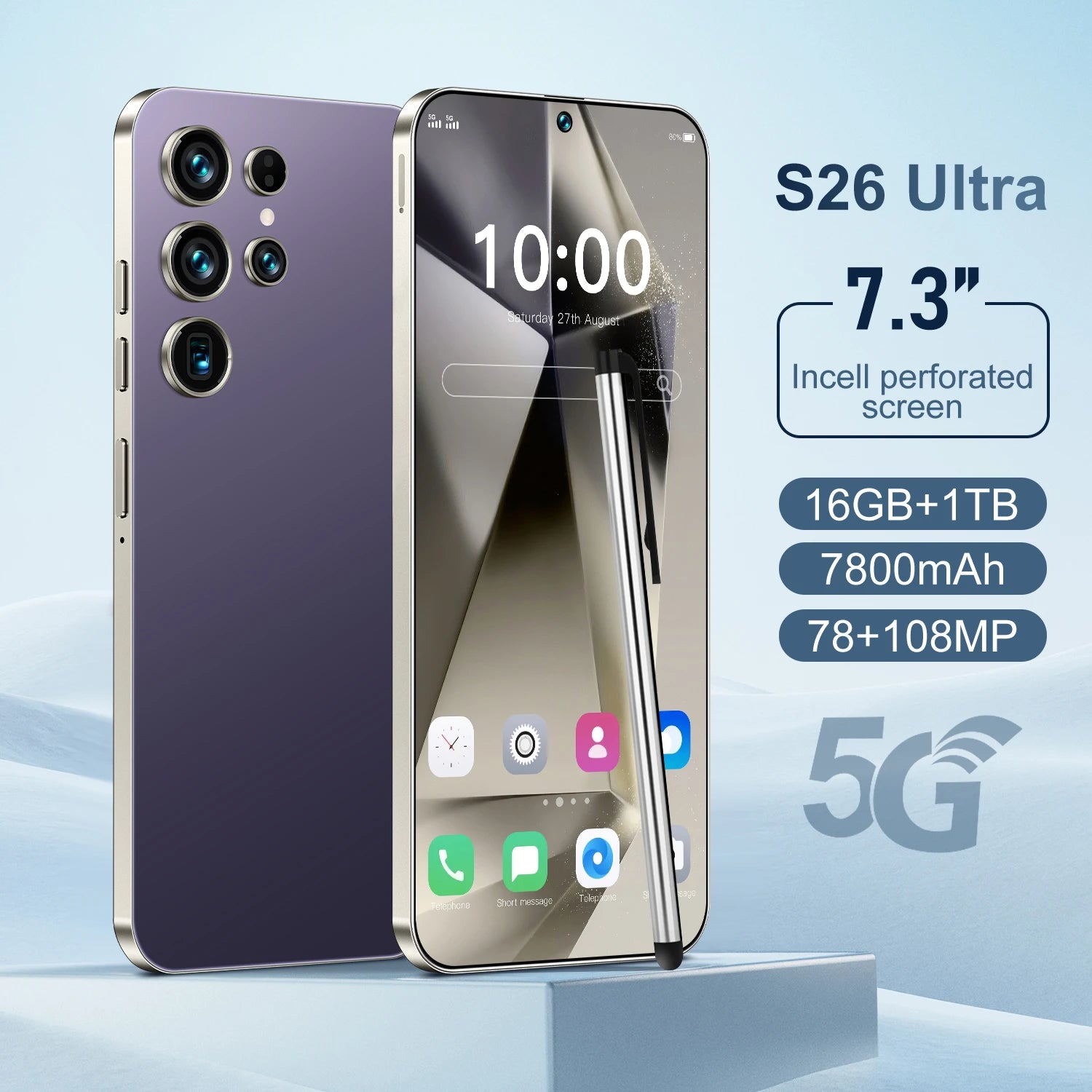 Unlocked S26 ULTRA 5G Mobile Phone 7.3 Inch Screen 108MP Camera 7800mAh Battery Dual Sim 1TB ROM Smart Features - Tidesmit