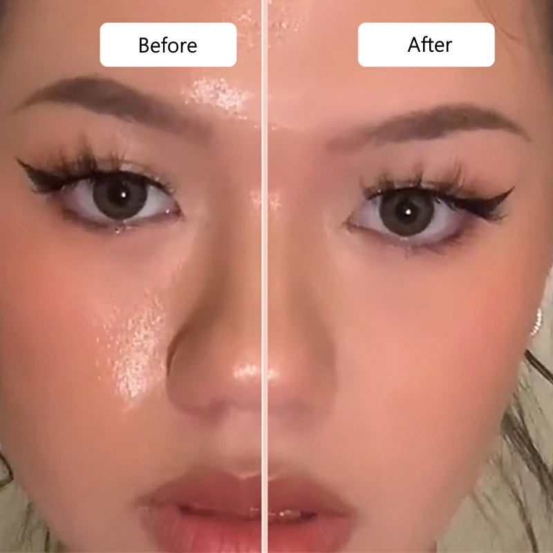 Before and after comparison of a face showing oily skin versus matte skin after using an oil-absorbing roller.