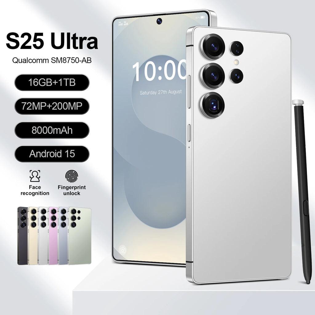 S25 Ultra 5G smartphone featuring 16GB RAM, 1TB storage, and 8000mAh battery in a sleek dual card design.