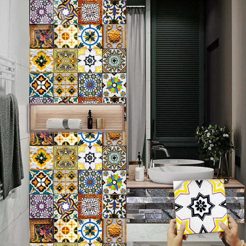Retro Moroccan tile sticker sheet with colorful geometric square pattern for cabinet doors