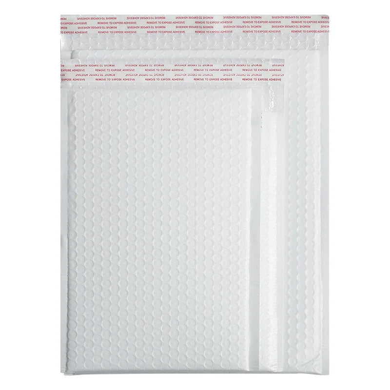 White textured bubble mailer envelope with printed red-and-blue strip across top