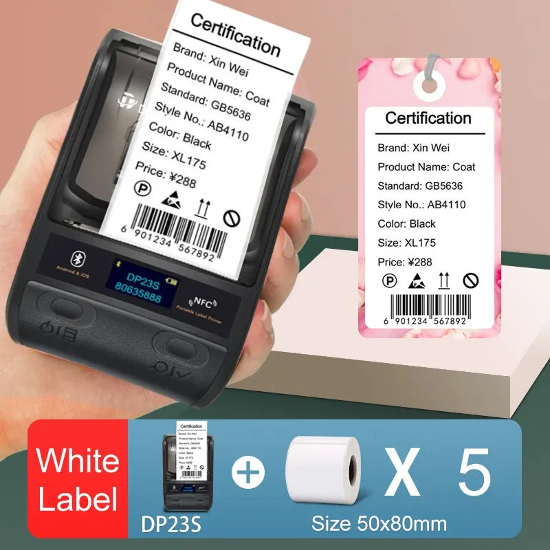 DETONGER DP23S label printer with a white certification label and text