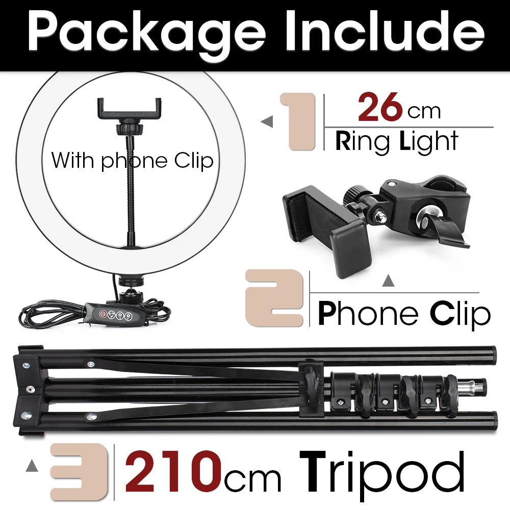 LED Ring Light with Tripod Stand for Live Streaming and Content Creation 26cm and 210cmTripod Tidesmit