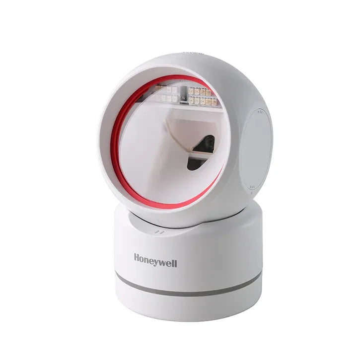 White Honeywell area-imaging USB barcode scanner on base with red scan ring