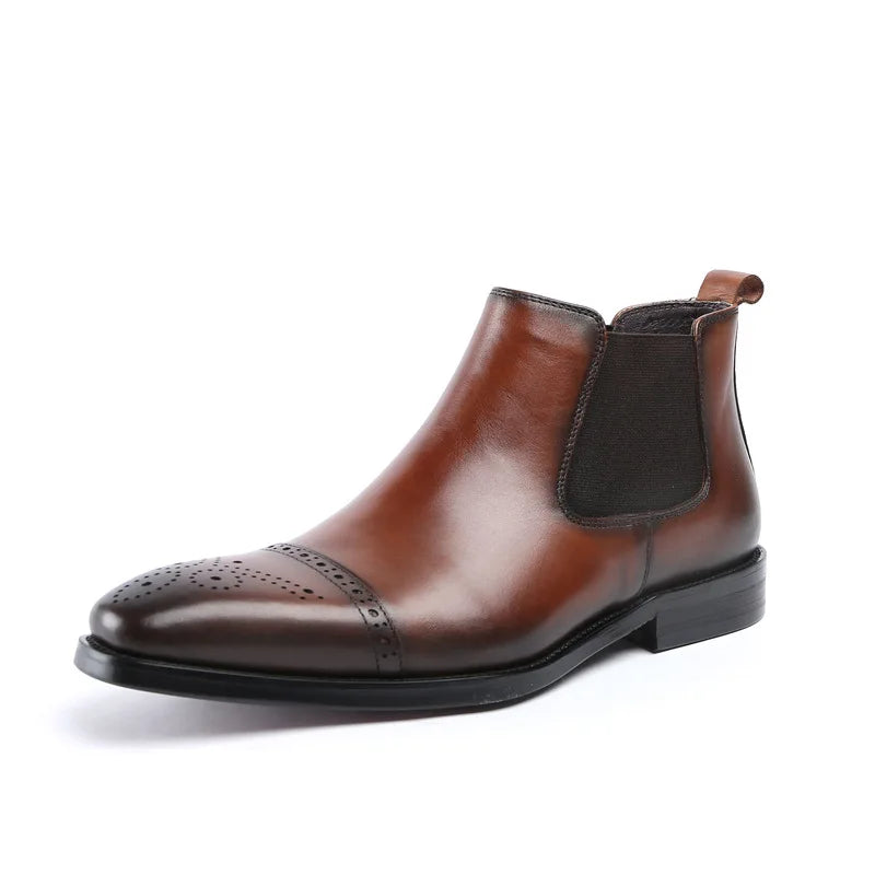 2026 New Men's Sleeve Short Boots British Pointed Carved Genuine Leather Business Formal High Top Leather Shoes