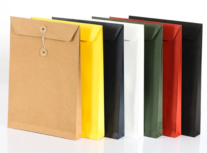 Assorted kraft paper expandable mailers with front flap and eyelet closures