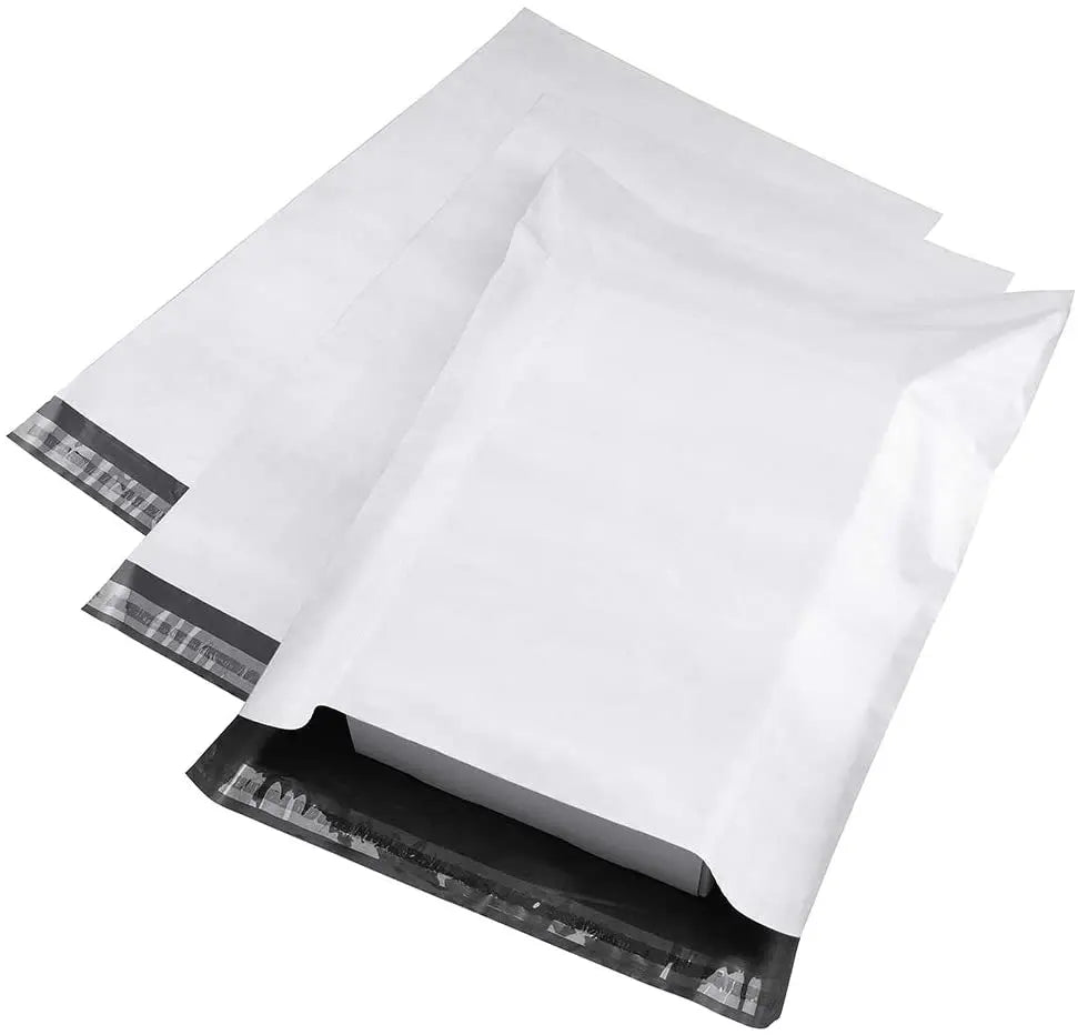 White poly mailer envelope-style shipping bag, flat with dark base sealing strip