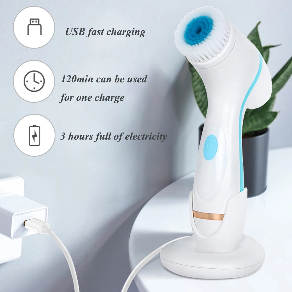 White and blue sonic facial cleansing brush with USB charging stand for deep skin cleaning and blackhead removal.
