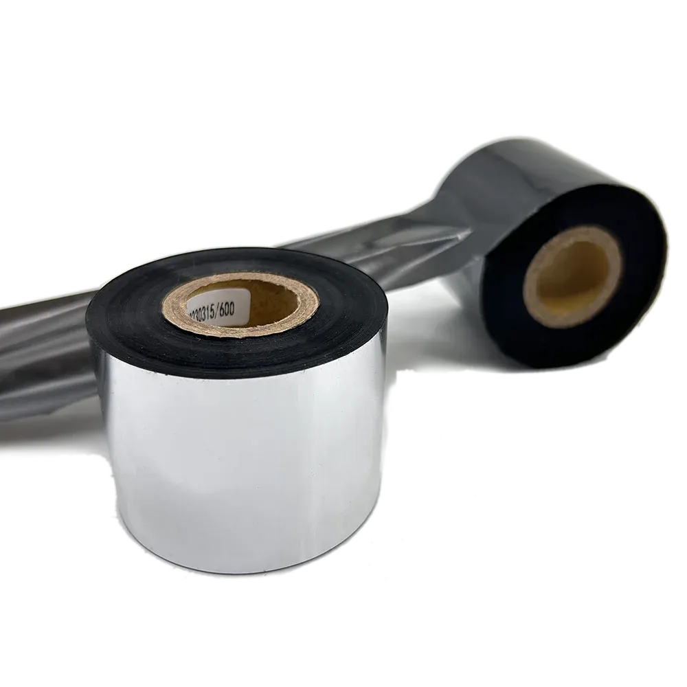 Waterproof barcode label ribbon roll, silver core with black outer tape