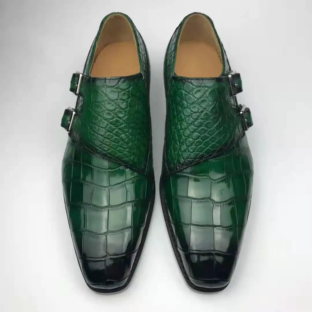 Goodyear Shoes for Man Styles Monk Strap Men High Quality Dress Shoes Green Luxury Genuine Crocodile Leather Office Men's Shoes