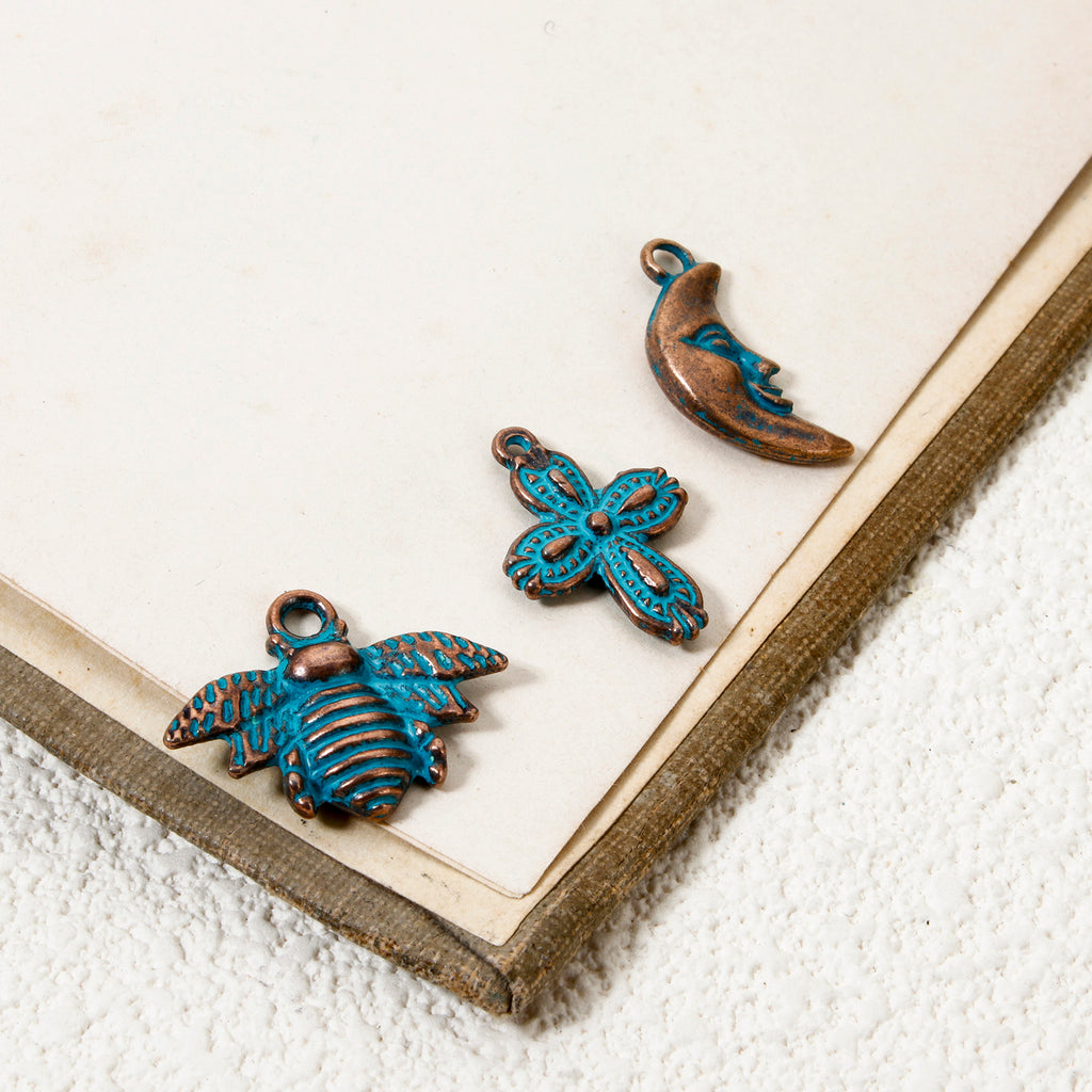 50 PCs Zinc Based Alloy Patina Charms Antique Copper Blue Bohemia Ocean Jewelry Charms Pendants for Women Summer Jewelry Making