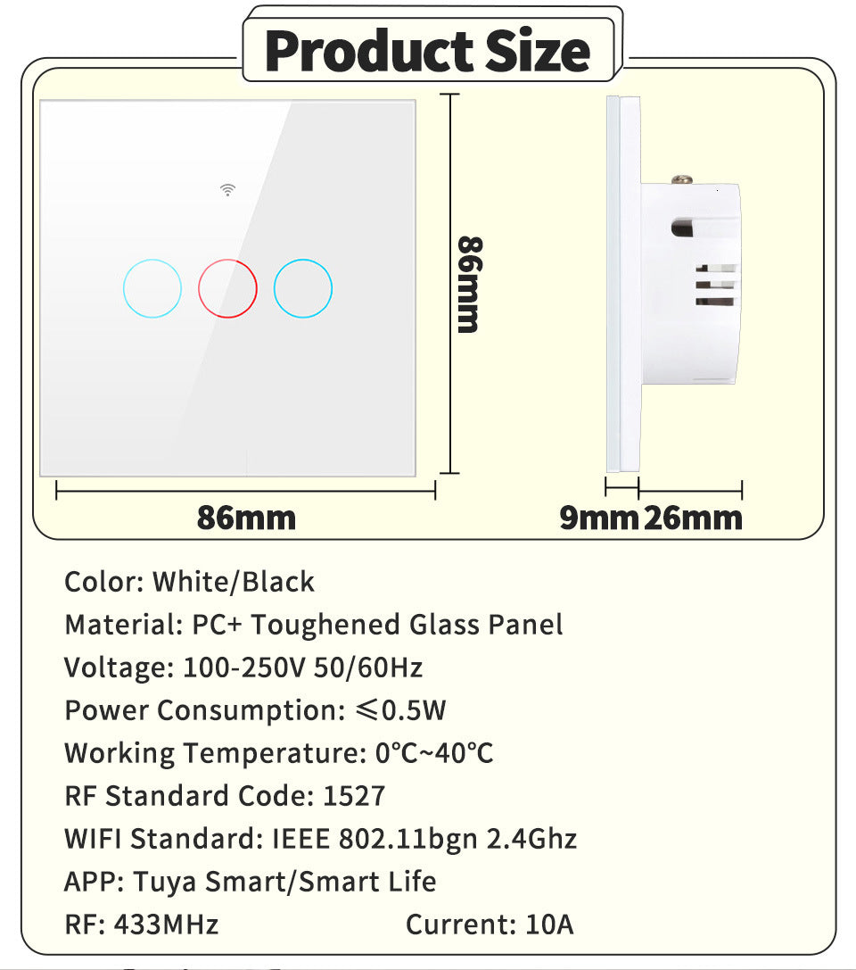 WiFi Smart Light Switch No Neutral Wire - 1, 2, or 3 Gang Options Tidesmit