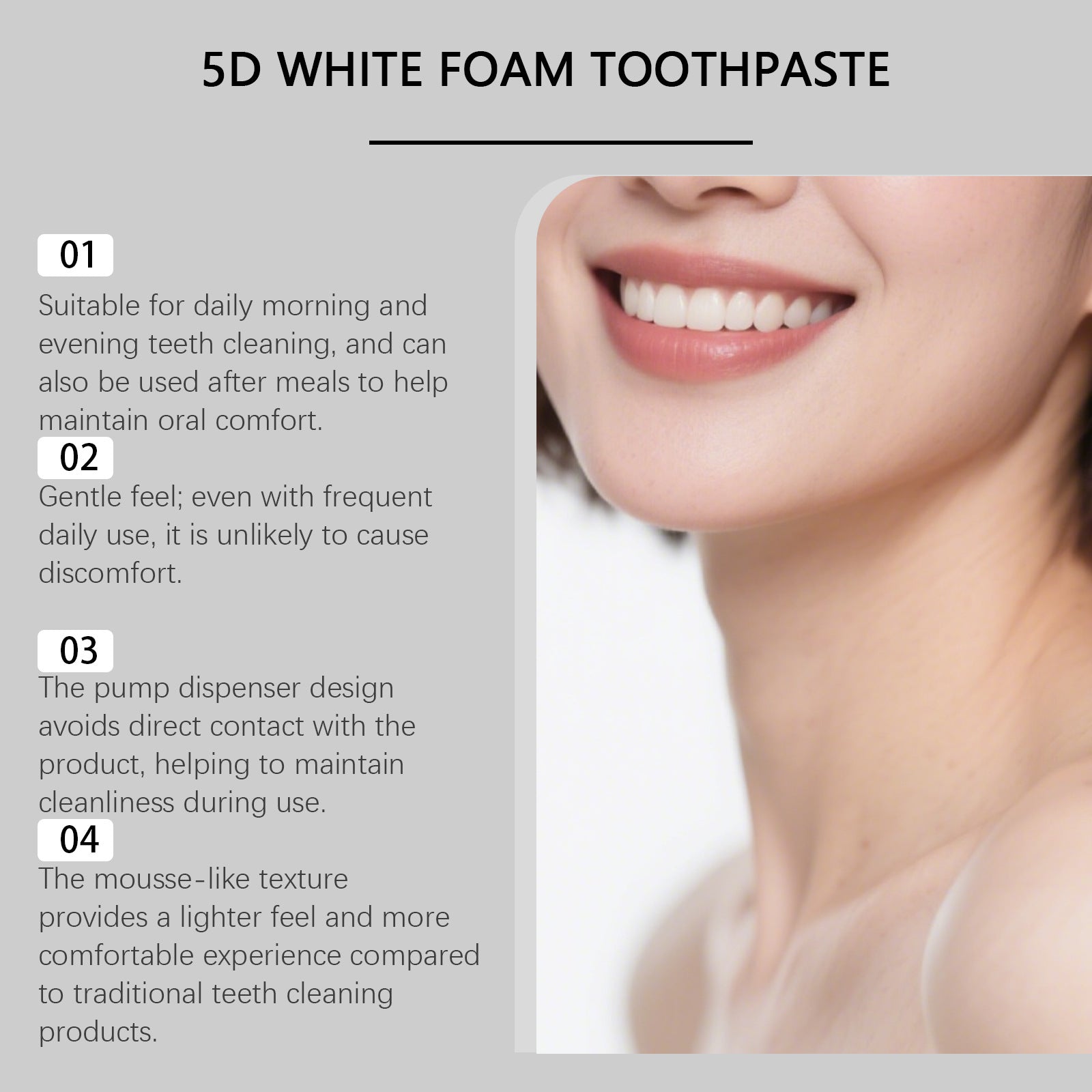 Tidesmit 5D White foam toothpaste mousse for teeth whitening, stain removal, and fresh mint breath oral care