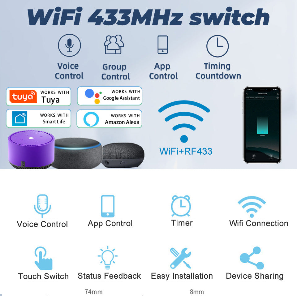 WiFi Smart Light Switch No Neutral Wire - 1, 2, or 3 Gang Options Tidesmit