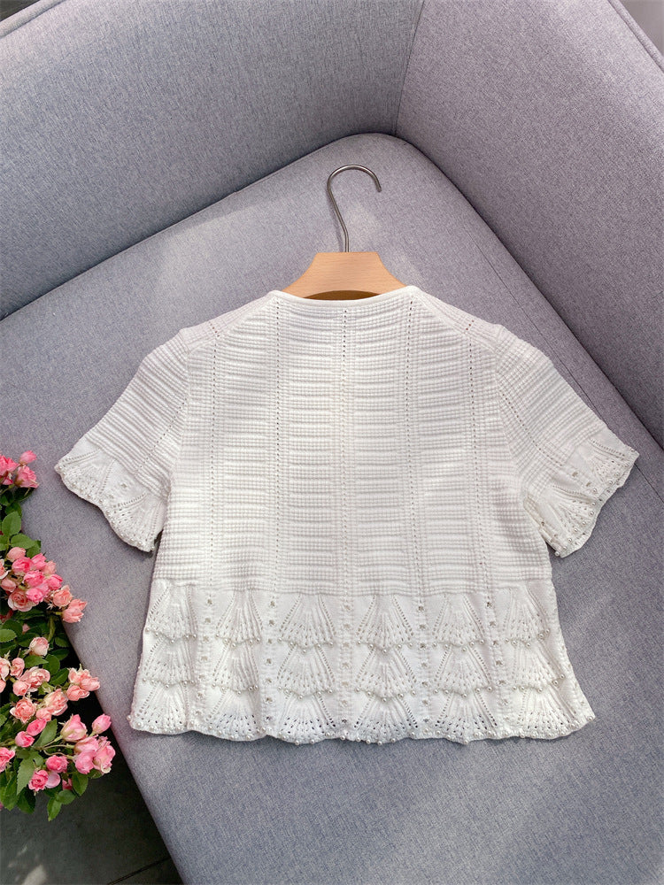 CHUJIE 2025 Summer 3-Piece French Style Set - Knit Maxi Dress + Sleeveless Top + Cover-Up, Pearl & Hollow Out, Viscose+Nylon