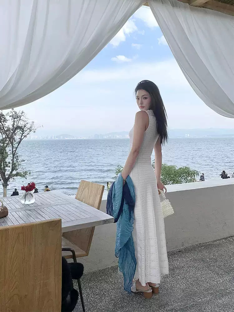 CHUJIE 2025 Summer 3-Piece French Style Set - Knit Maxi Dress + Sleeveless Top + Cover-Up, Pearl & Hollow Out, Viscose+Nylon