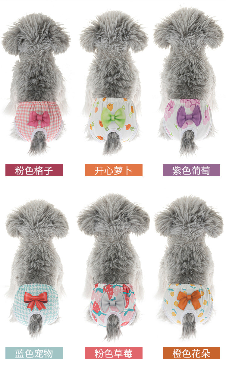 Washable reusable sanitary diapers for small dogs and cats in various cute prints with bows for effective pet protection.