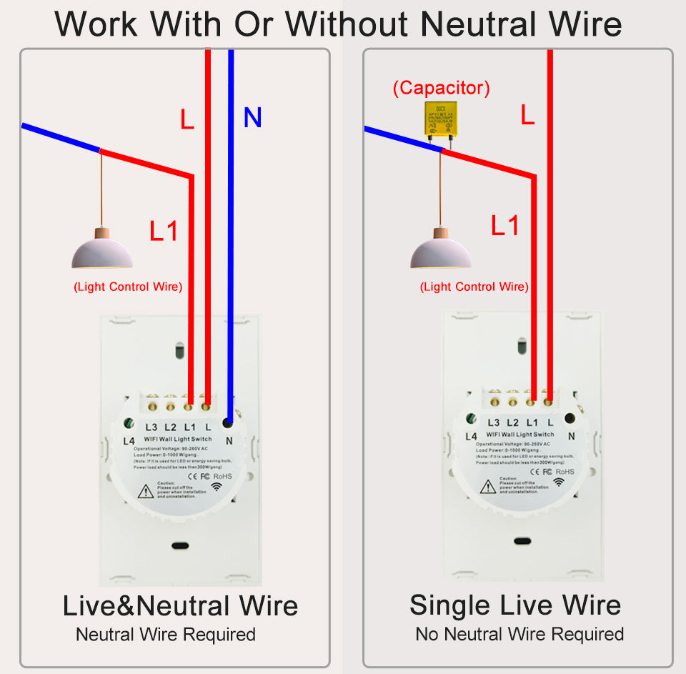WiFi Smart Light Switch No Neutral Wire - 1, 2, or 3 Gang Options Tidesmit