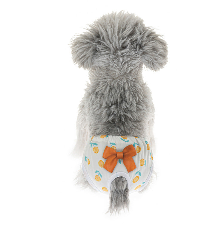 Small dog wearing a reusable, washable floral diaper with a cute orange bow for female dog menstruation protection.