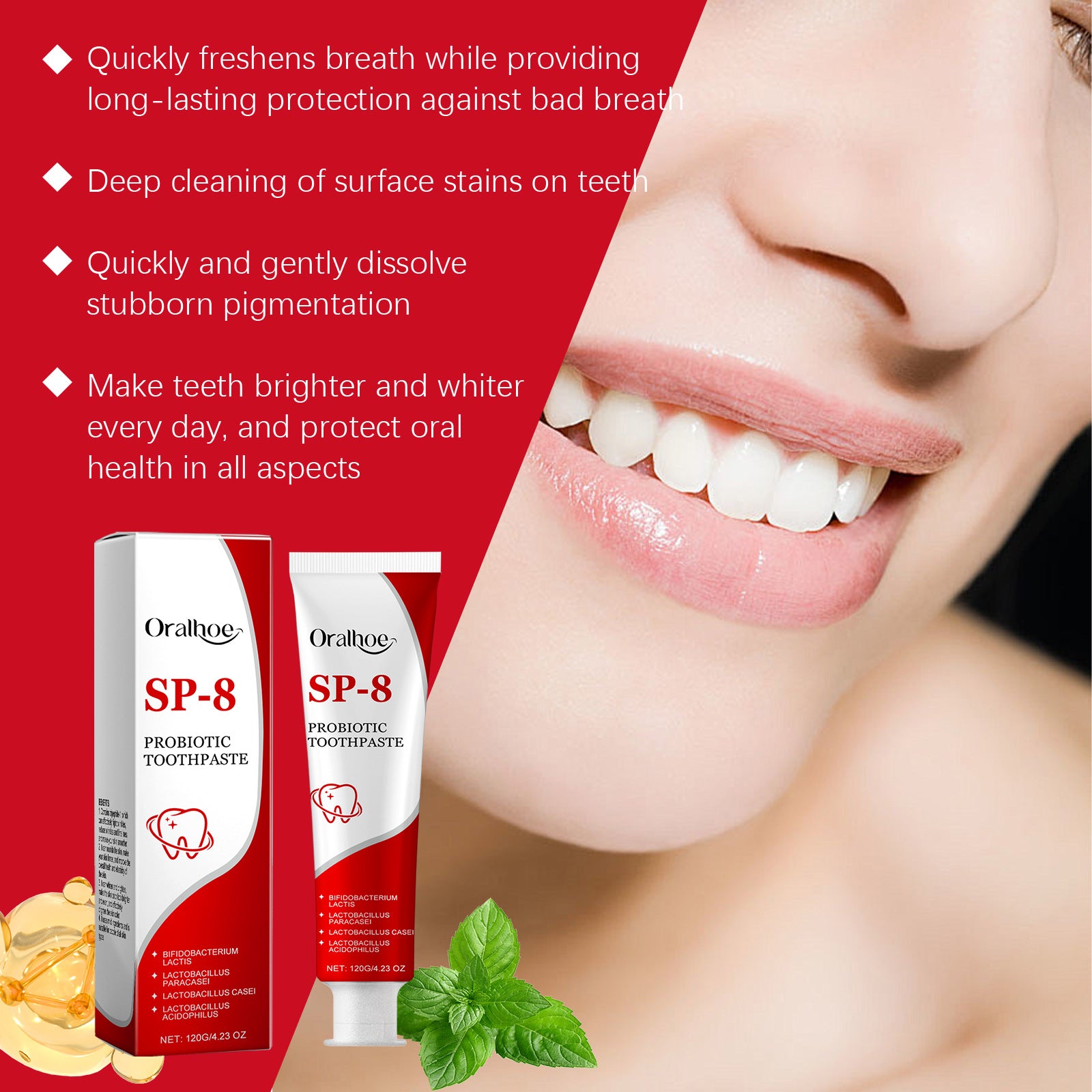 Tidesmit SP-8 probiotic whitening toothpaste for plaque removal and fresh breath oral hygiene