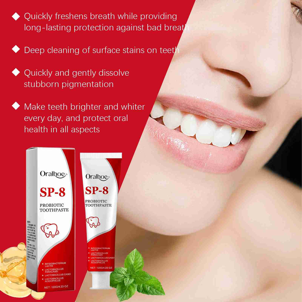 Tidesmit SP-8 Probiotic Toothpaste for teeth whitening, plaque removal, and fresh mint breath.