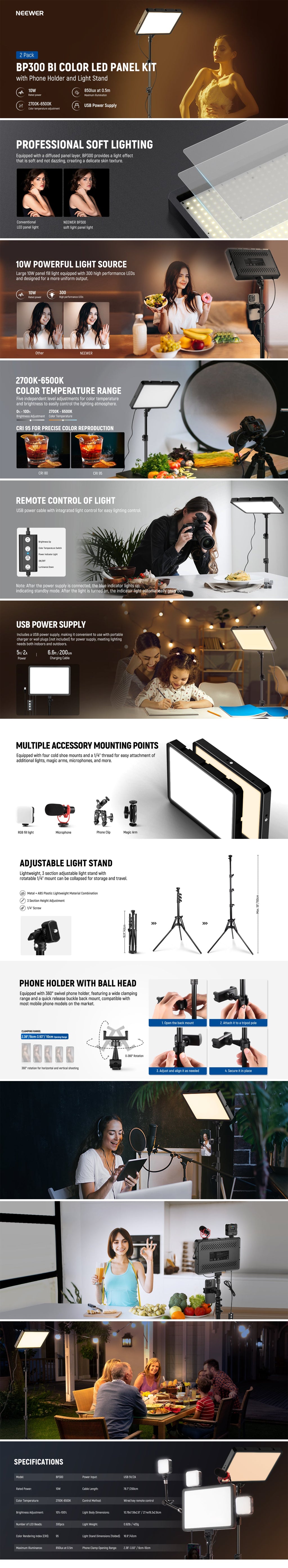 Bi-color LED panel kit with adjustable stand and phone holder for studio photography, video calls, and vlogging.