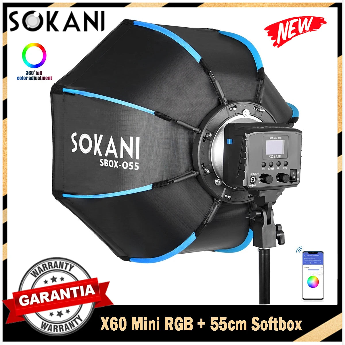 X60 Mini RGB LED light with 55cm black and blue hexagonal softbox on a light stand for photography and video lighting.