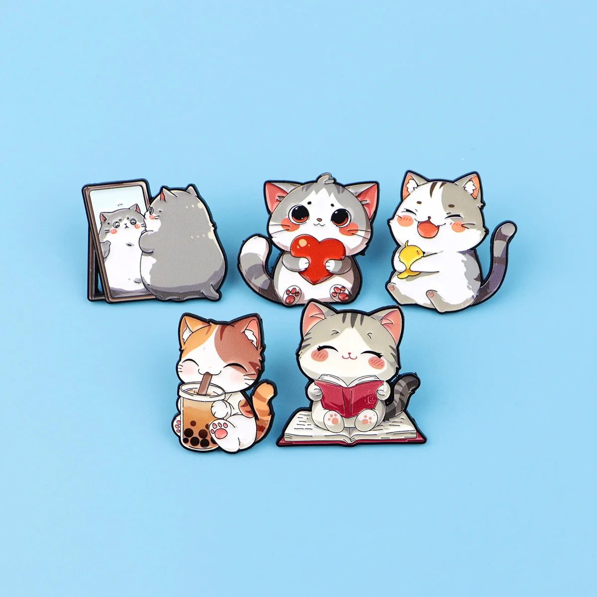 Cute cat enamel pins set: adorable kitten brooches for backpacks, bags, or jackets. Perfect kawaii cat lover gift.