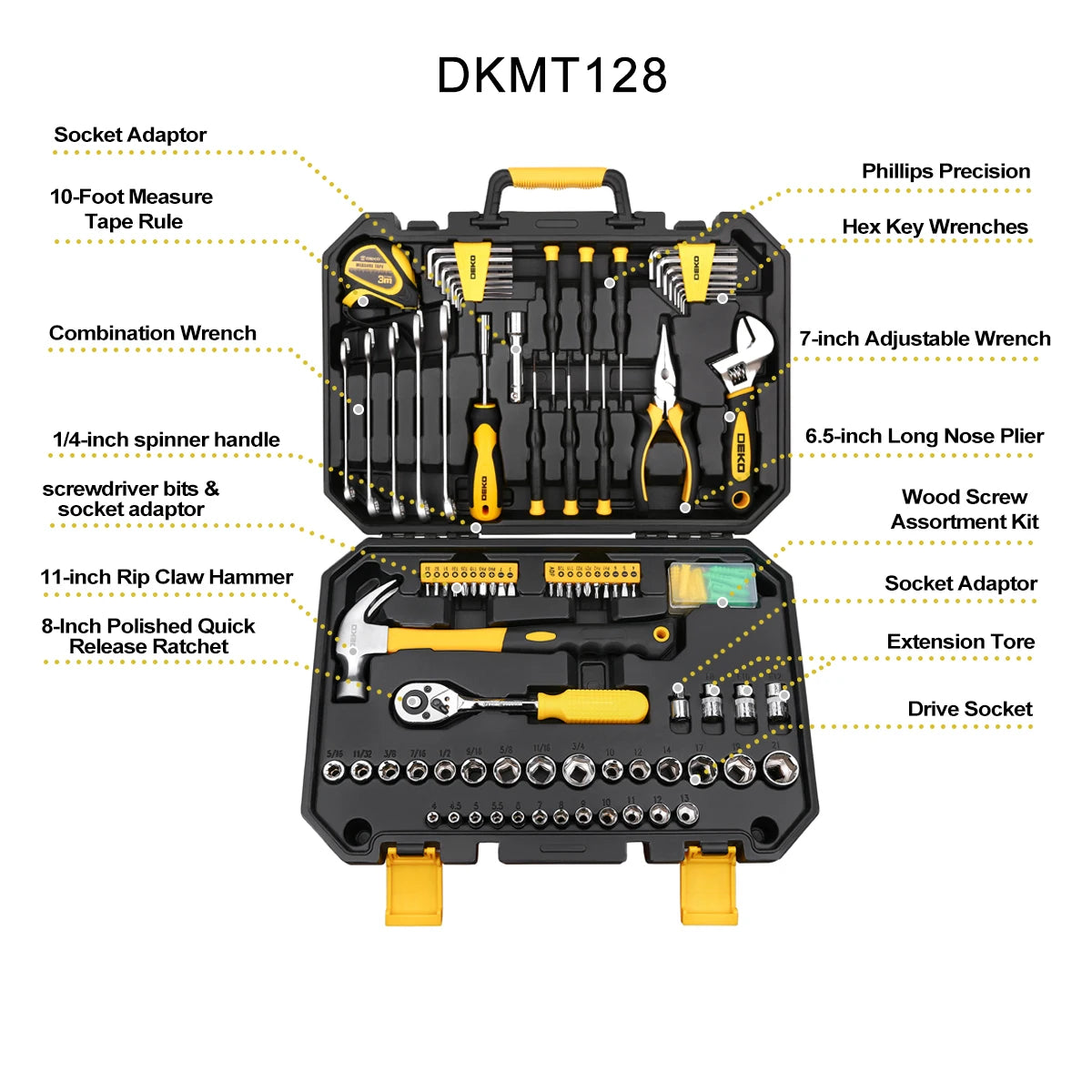DEKO DKMT128 tool kit case with adjustable wrench, rip claw hammer, and hex key tools