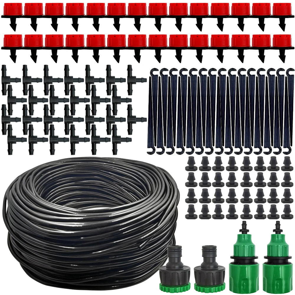 Portable micro drip irrigation kit with 20 m black tubing, red nozzles, black stakes and tees.