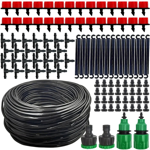 Portable micro drip irrigation kit with 20 m black tubing, red nozzles, black stakes and tees.