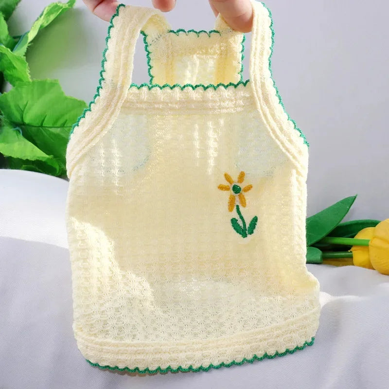 Soft yellow summer tank top for small dogs and cats, breathable floral vest for Bichon, Teddy, or Yorkie pets.