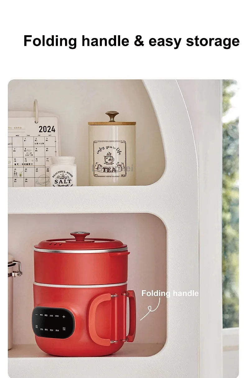Red electric cooking pot with folding handle and storage-ready design