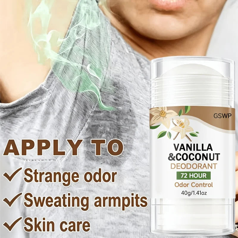 Tidesmit GSWP vanilla and coconut aluminum-free deodorant stick for 72-hour light, non-greasy fragrance protection.