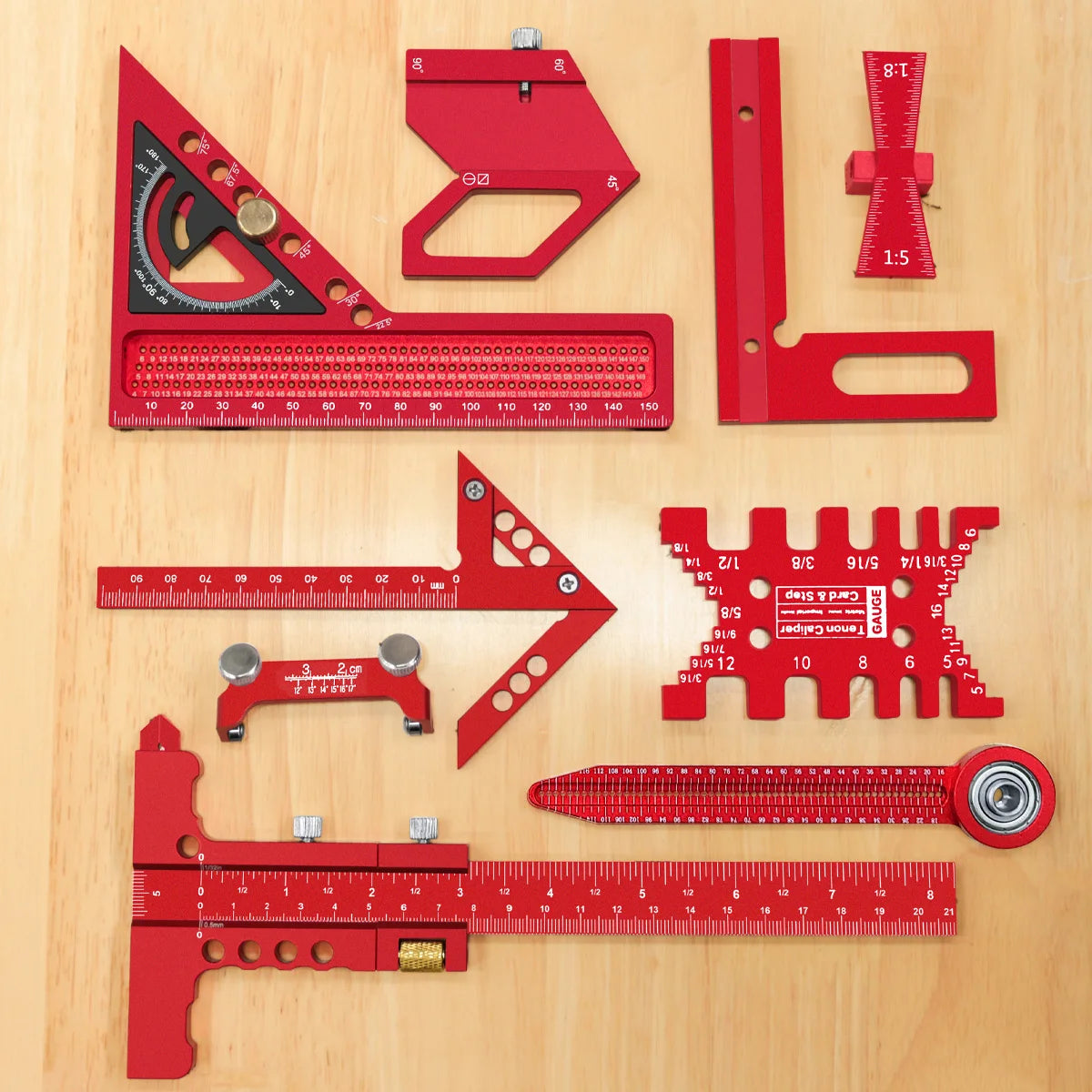 9Pcs Woodworking Square Kit with Box, Aluminum Scribeing Ruler,Center Finder,Circular Drawing Compass,Honing Guide,Height Gauge