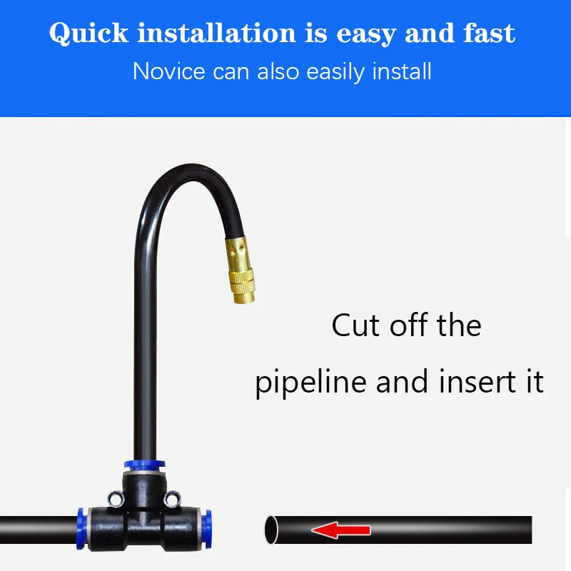 Inline sprinkler connector with gold nozzle tip attached to black hose section for installation