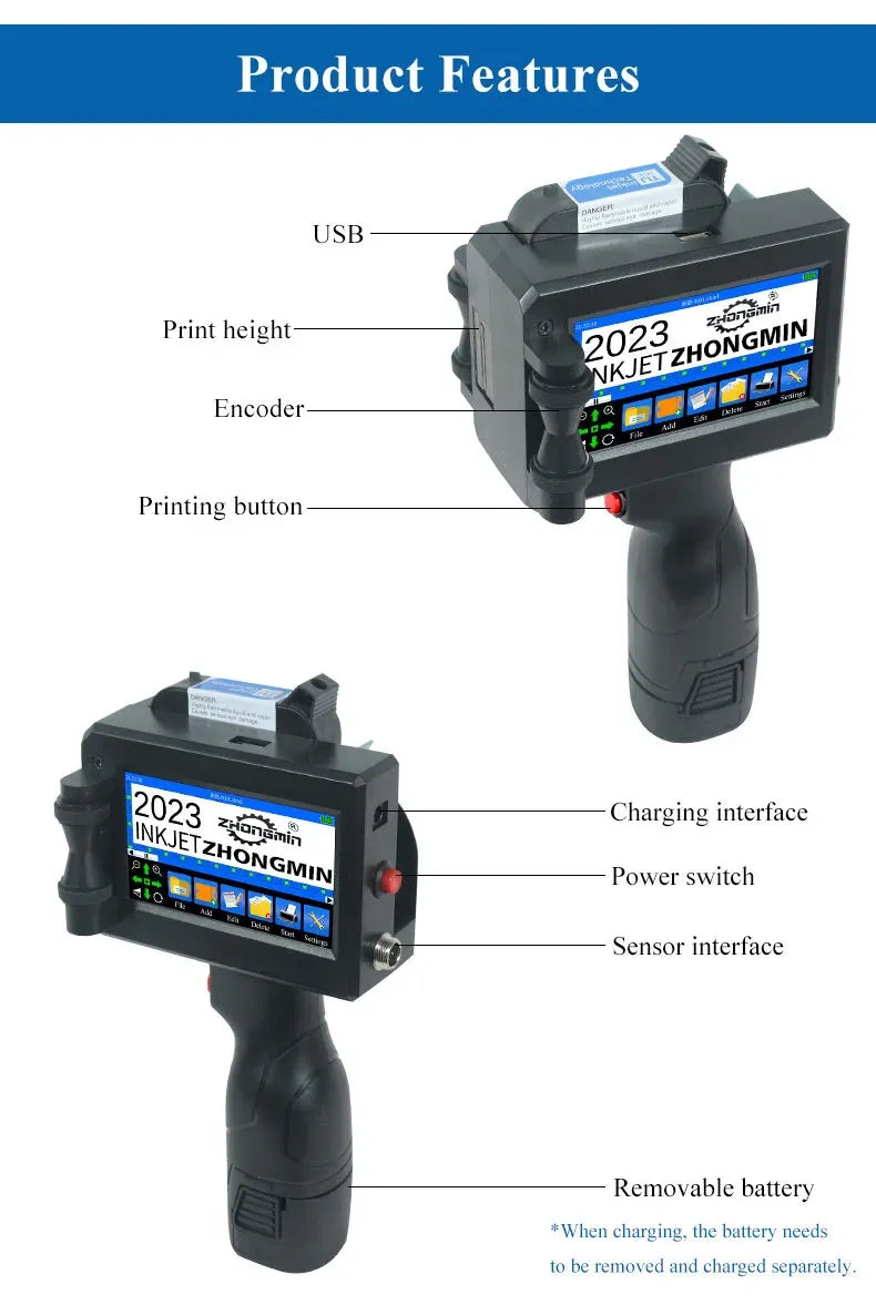 Portable inkjet printer with touchscreen, power switch, and removable battery section
