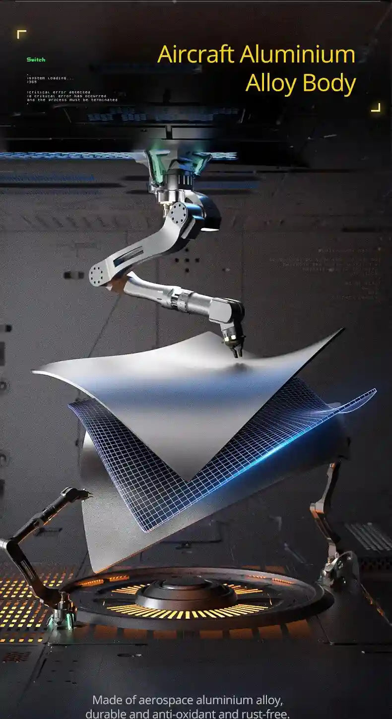 Silver robotic arm adjusting a thin, curved aircraft aluminum alloy sheet with a digital grid overlay.