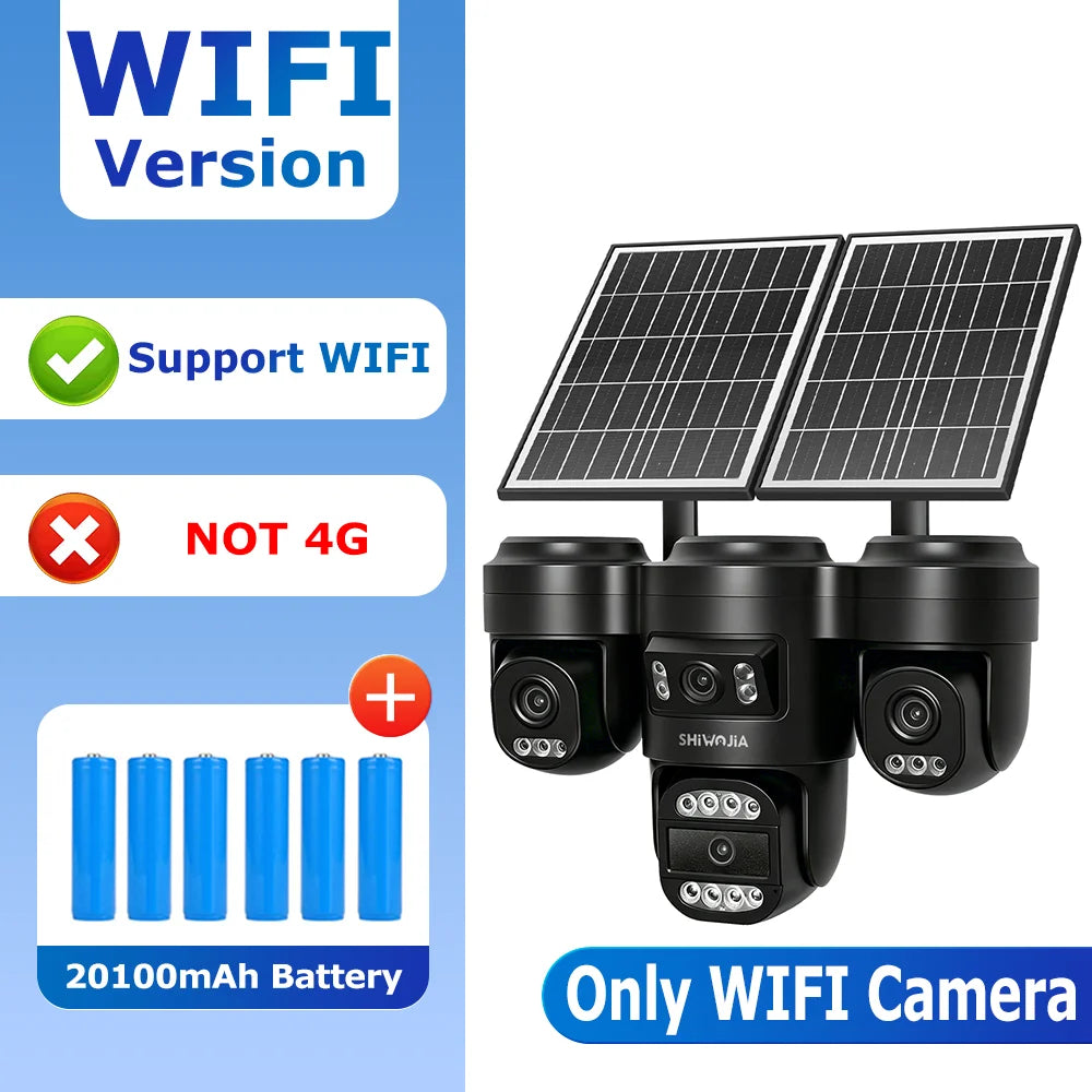 WiFi solar security camera with quad lenses, two solar panels, black outdoor CCTV