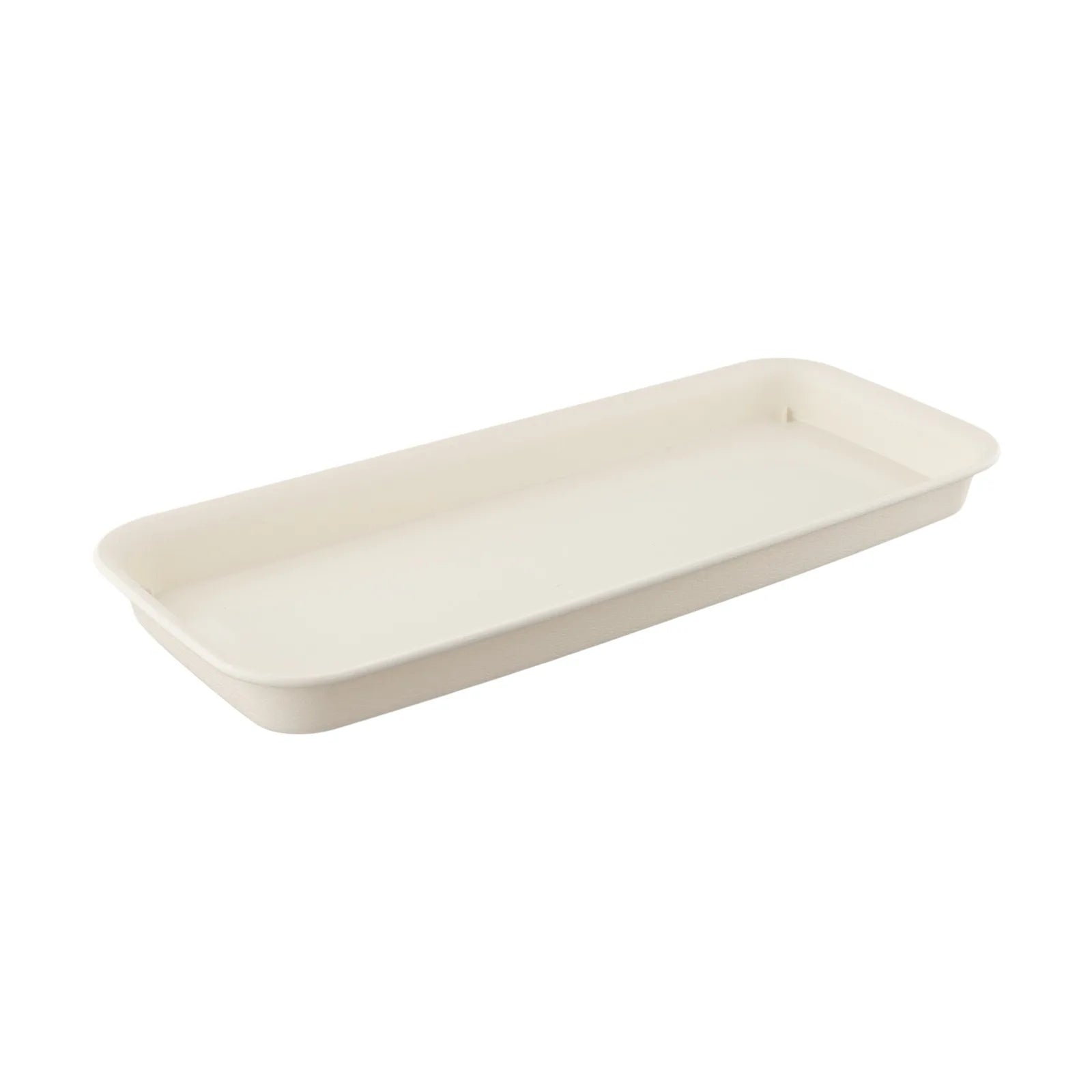 Beige rectangular plastic plant water tray, side angle with shallow basin