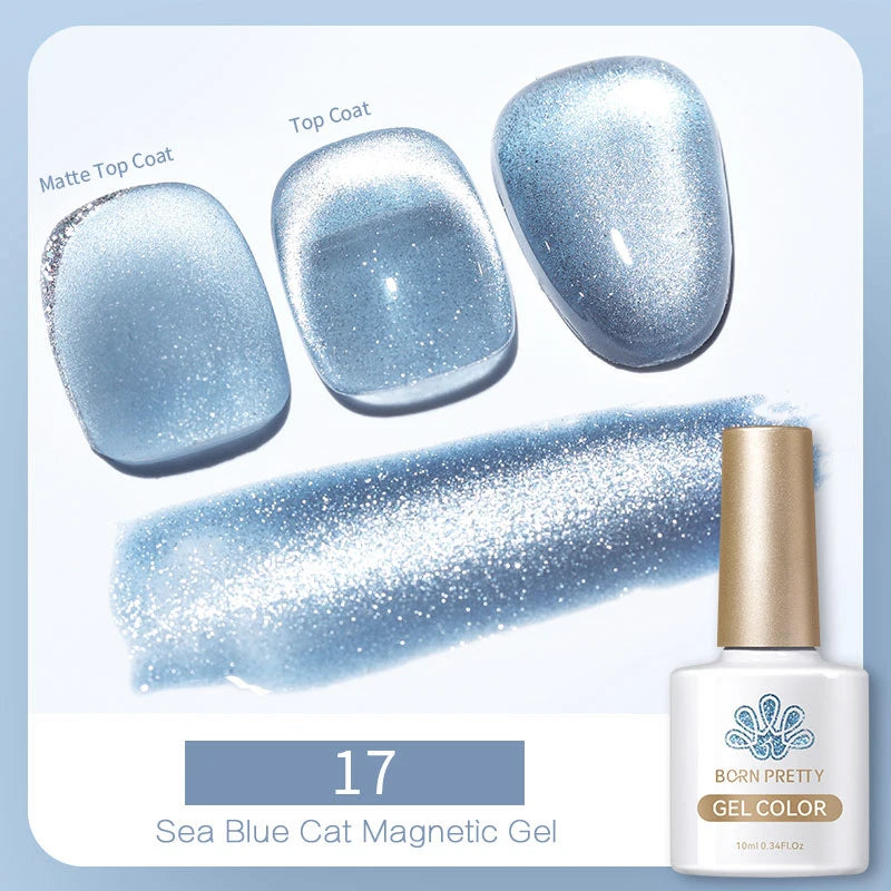 Sea blue cat eye magnetic gel polish in a 10ml bottle with swatches showing matte, glossy, and natural finishes.