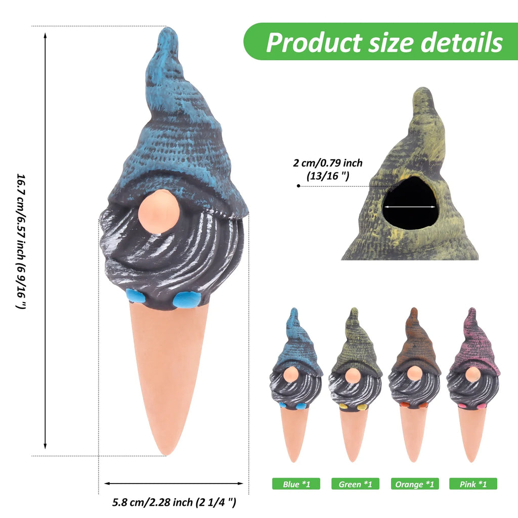 Ceramic self-watering spike size diagram showing Blue, Green, Orange and Pink